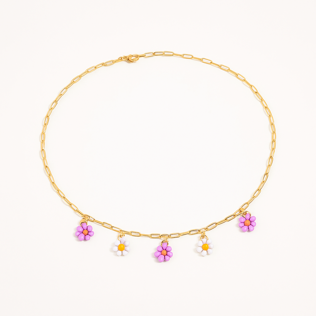 Floral Pendant Necklace – Colorful Rice Beads & Stainless Steel Chain for a Whimsical Touch
