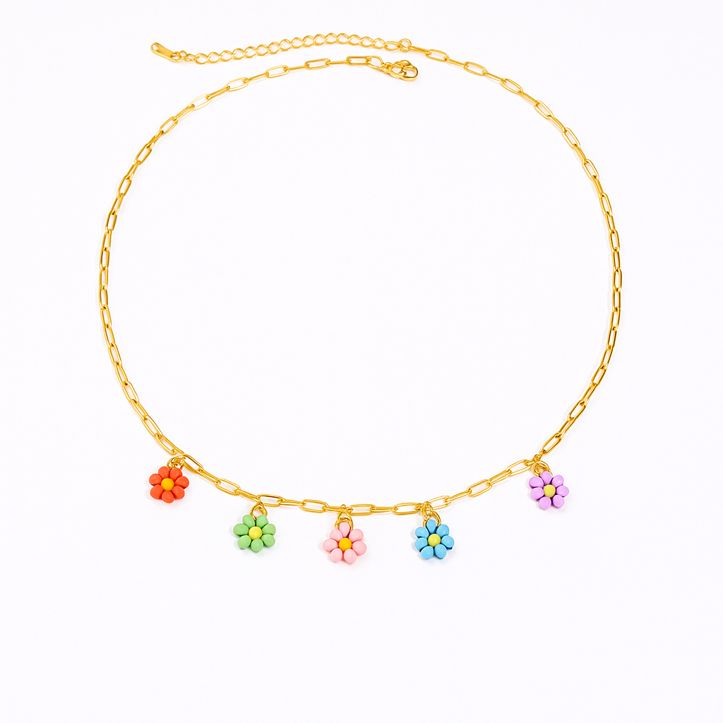 Floral Pendant Necklace – Colorful Rice Beads & Stainless Steel Chain for a Whimsical Touch