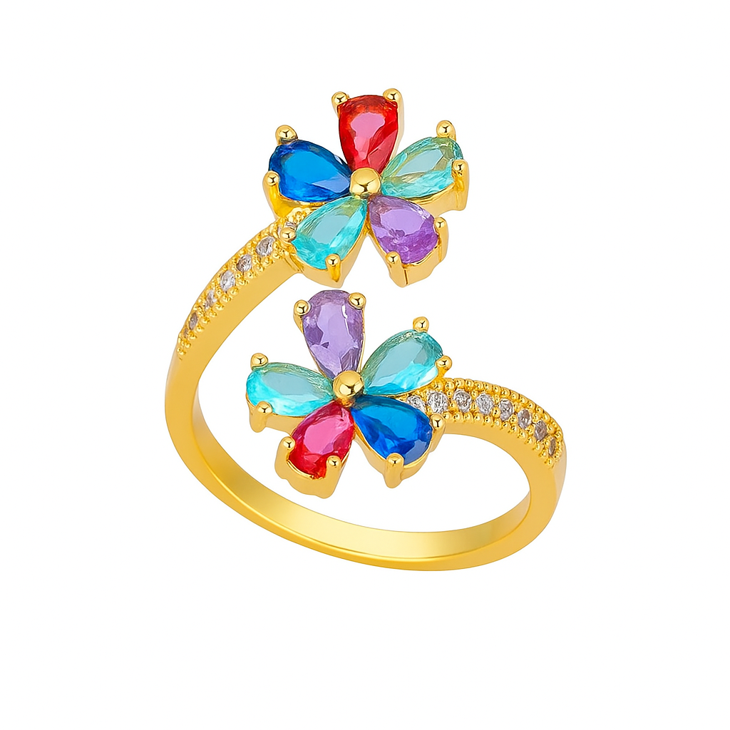 Gold Zircon Flower Ring – Elegant Stainless Steel Floral Jewelry for Women & Girls
