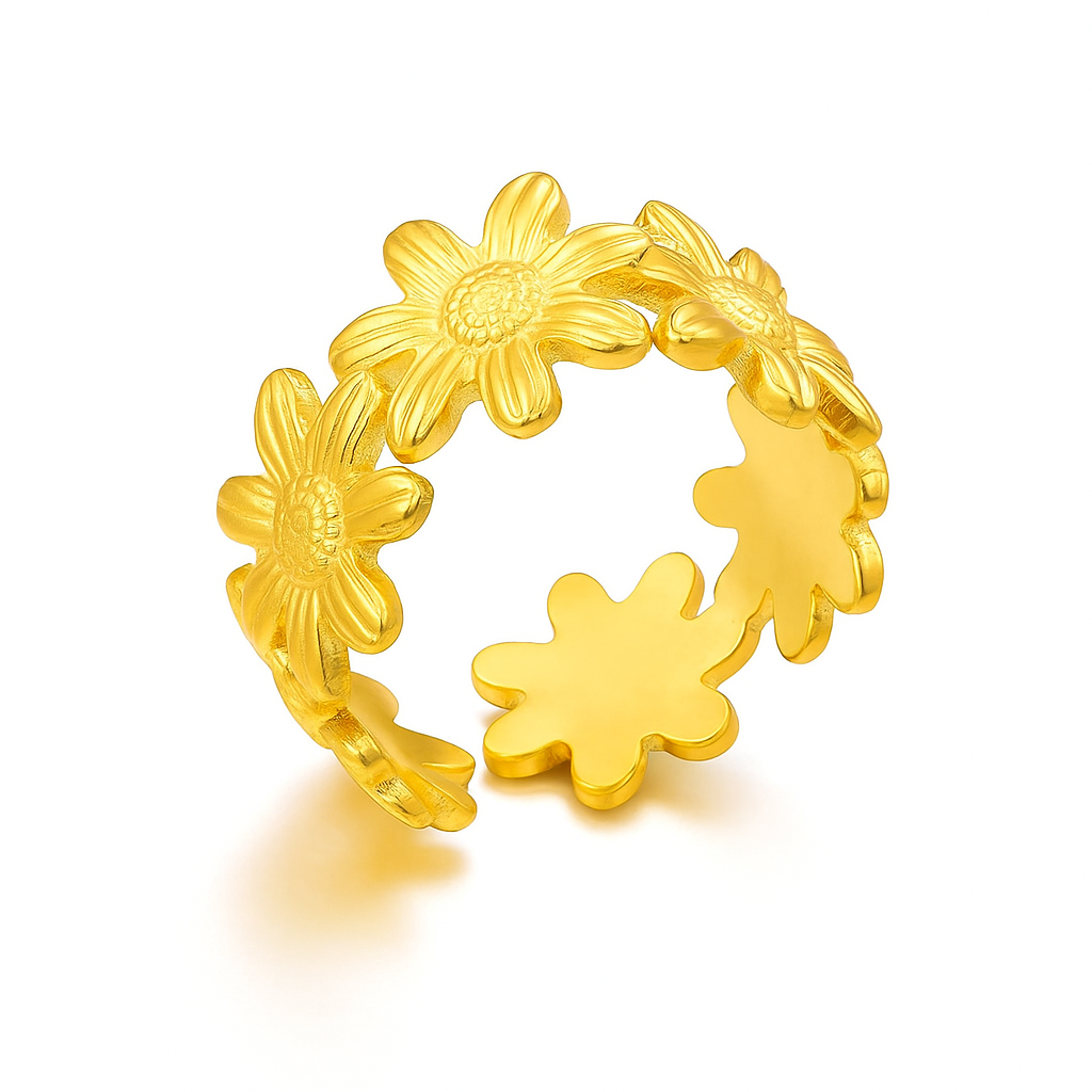 Gold Zircon Flower Ring – Elegant Stainless Steel Floral Jewelry for Women & Girls