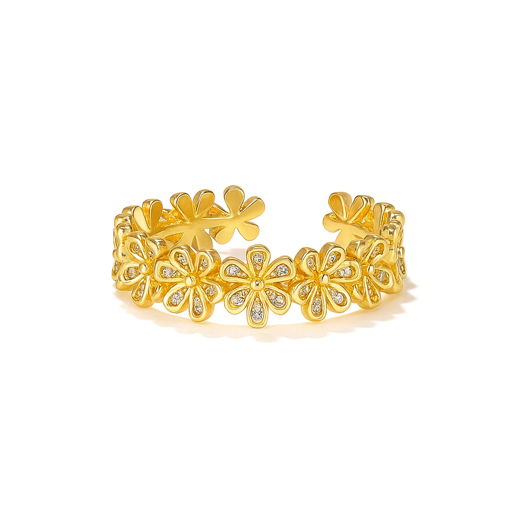 Gold Zircon Flower Ring – Elegant Stainless Steel Floral Jewelry for Women & Girls