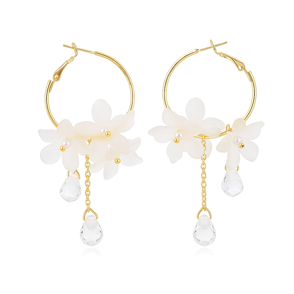 White Acrylic Flower Drop Earrings – Crystal Tassel Dangles for Women