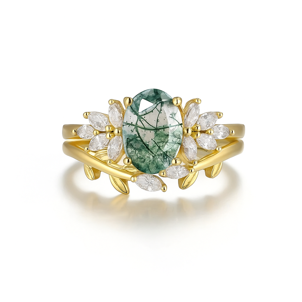 Moss Agate Oval Engagement Ring Set – 925 Sterling Silver Bridal Stack for Women