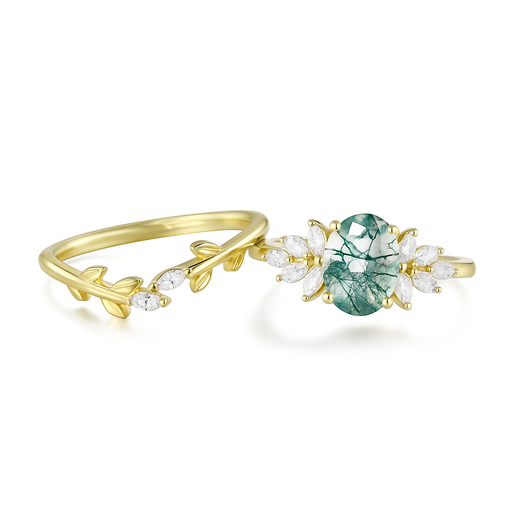 Moss Agate Oval Engagement Ring Set – 925 Sterling Silver Bridal Stack for Women