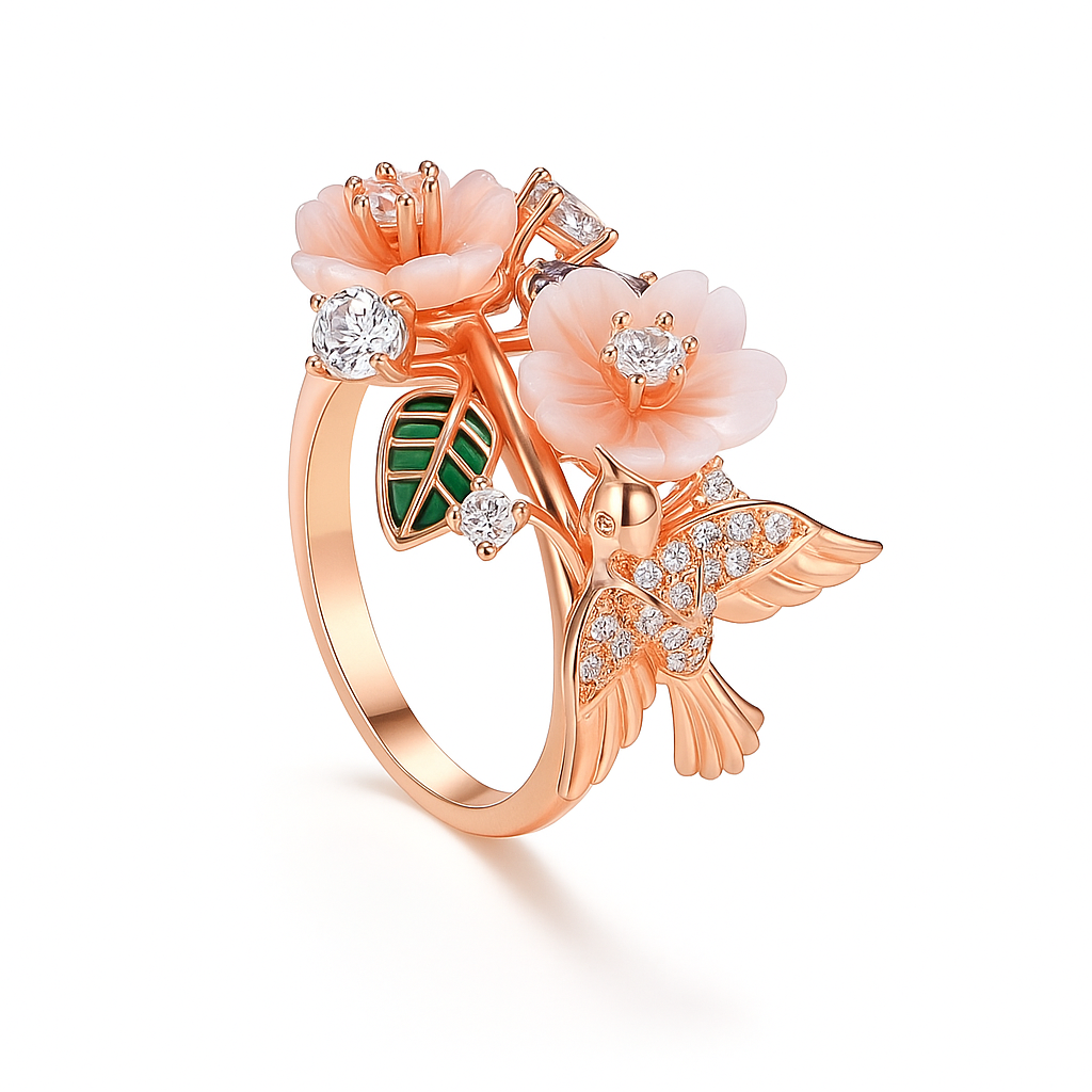 Floral Bird Ring in 925 Sterling Silver – Shell Blossoms, Enamel Leaf & CZ Accents for Women