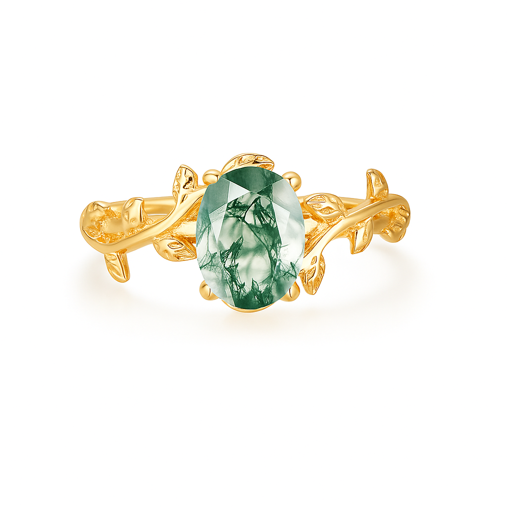 Moss Agate Leaf Ring – 925 Sterling Silver Oval Cocktail Band for Women