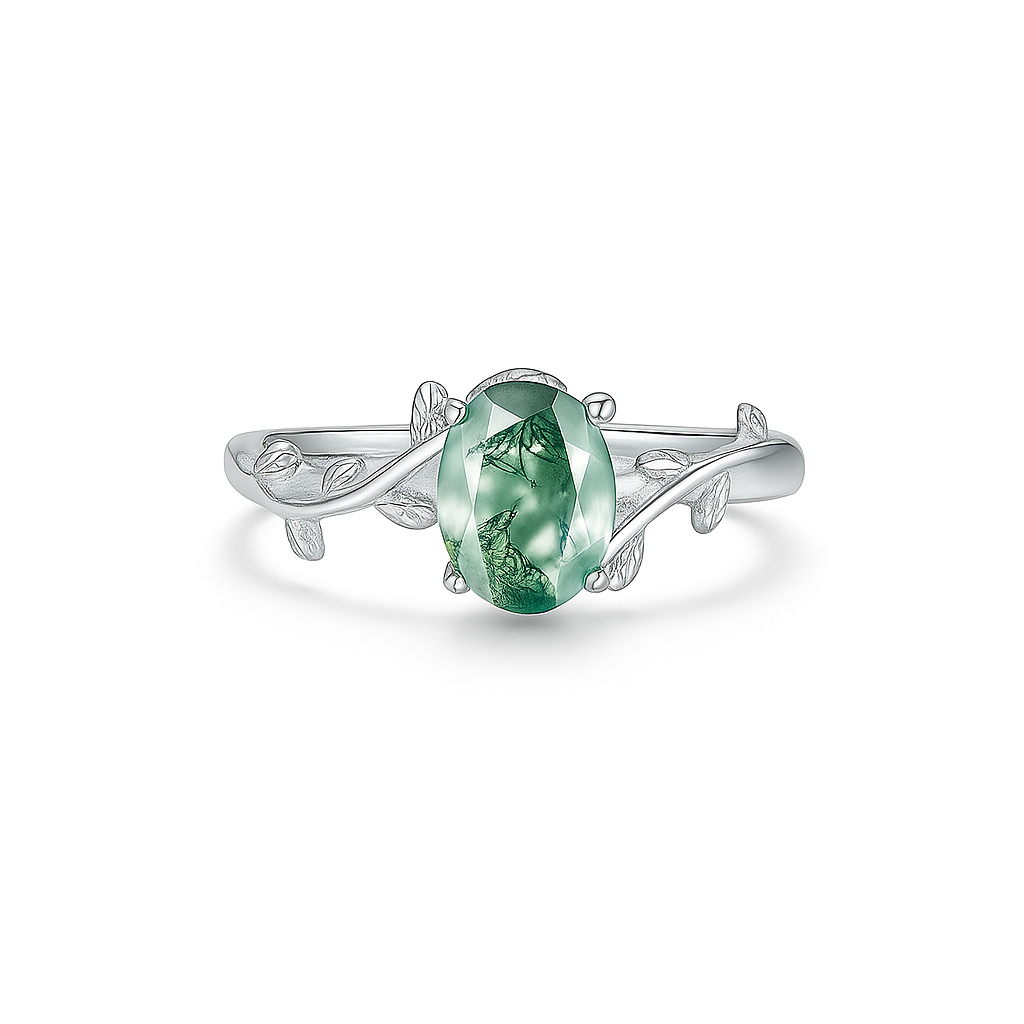 Moss Agate Leaf Ring – 925 Sterling Silver Oval Cocktail Band for Women