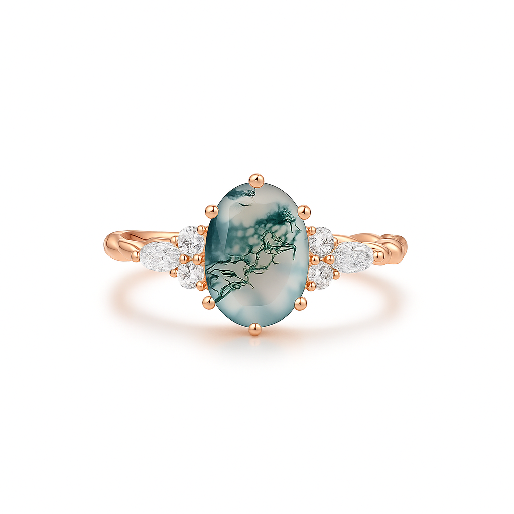 Oval Moss Agate Ring – 6x8mm Natural Stone in 925 Sterling Silver