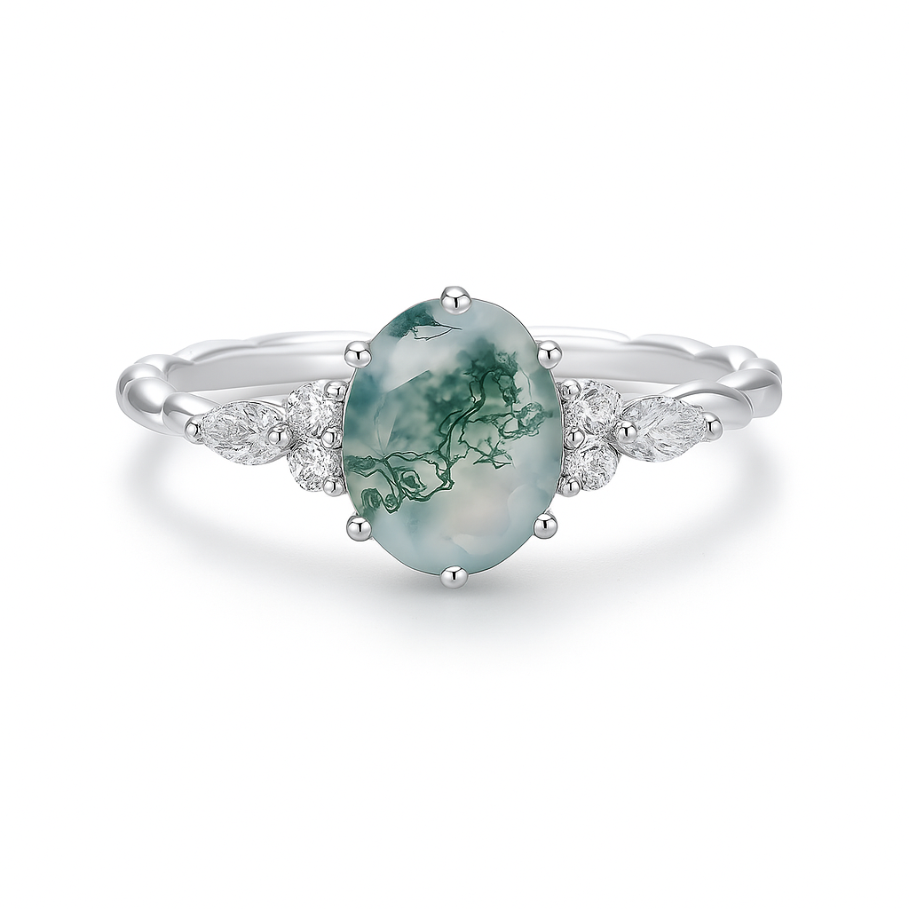 Oval Moss Agate Ring – 6x8mm Natural Stone in 925 Sterling Silver