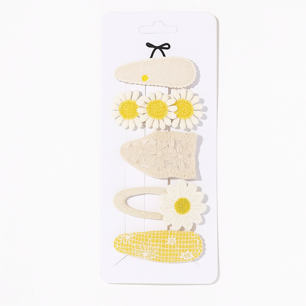 5-Piece Baby Girl Hair Clip Set – Embroidered Daisy & Bow Barrettes
