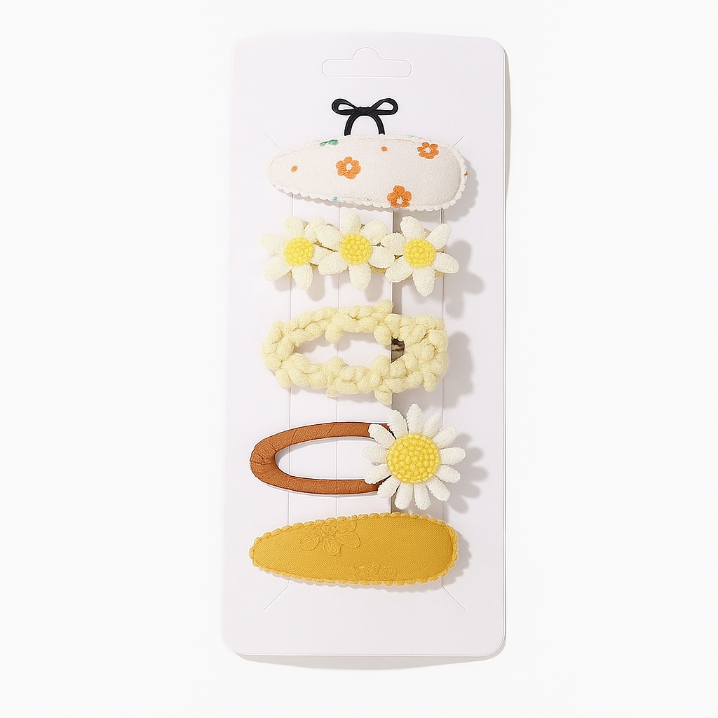 5-Piece Baby Girl Hair Clip Set – Embroidered Daisy & Bow Barrettes