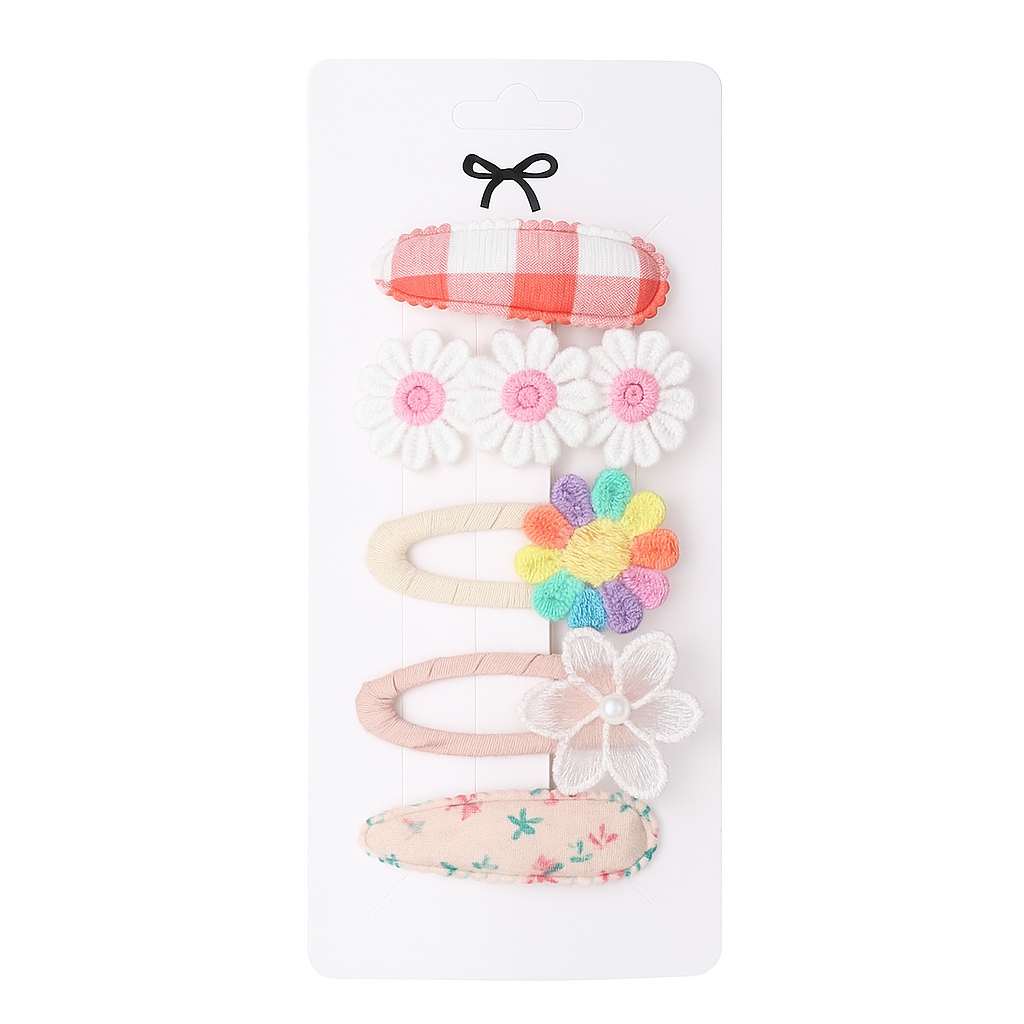 5-Piece Baby Girl Hair Clip Set – Embroidered Daisy & Bow Barrettes