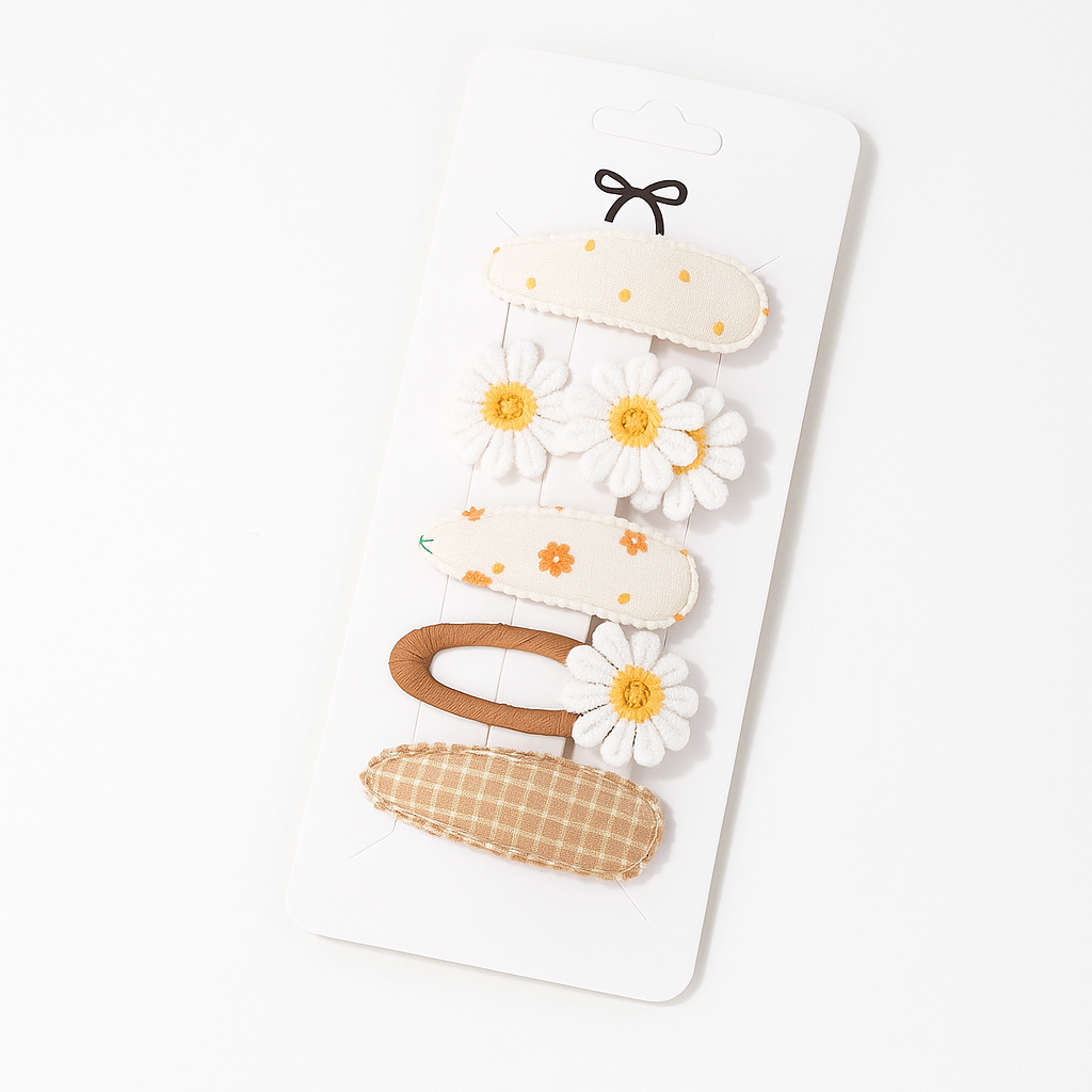 5-Piece Baby Girl Hair Clip Set – Embroidered Daisy & Bow Barrettes
