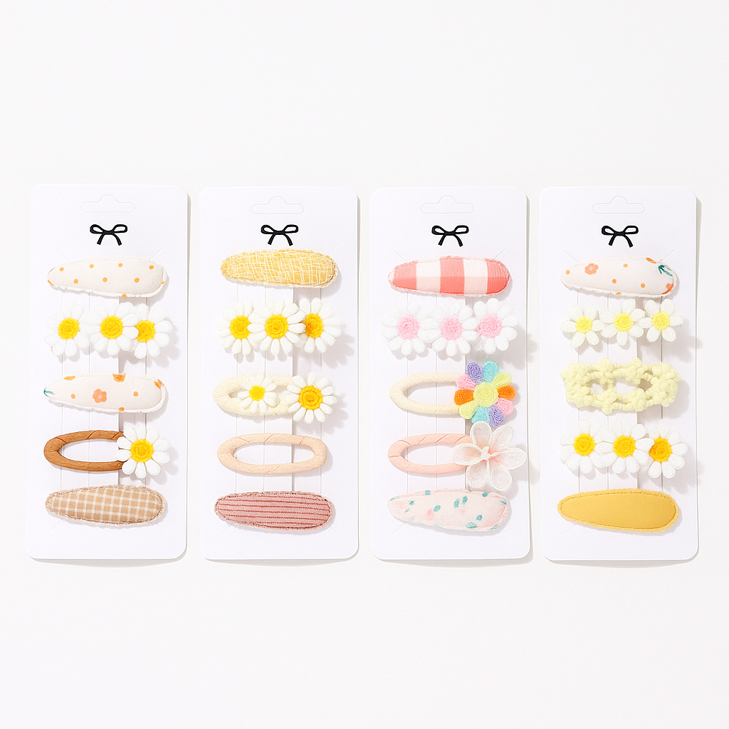 5-Piece Baby Girl Hair Clip Set – Embroidered Daisy & Bow Barrettes