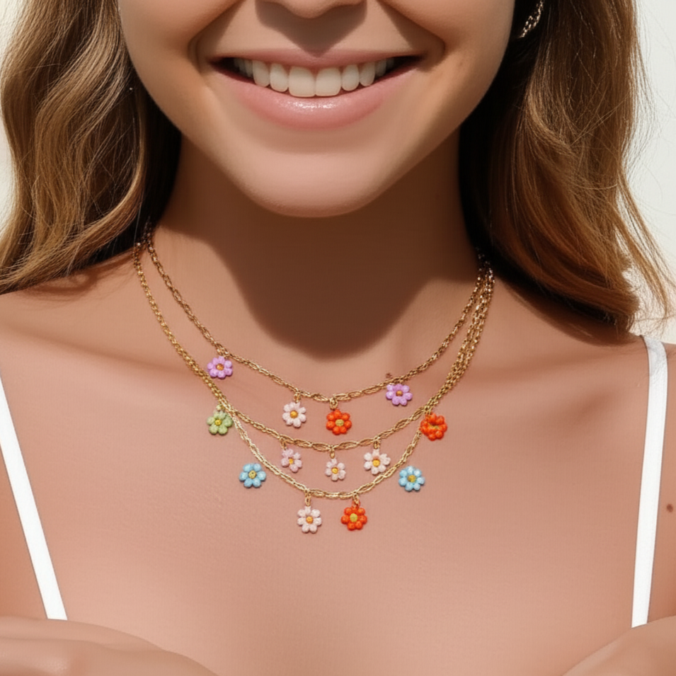 Floral Pendant Necklace – Colorful Rice Beads & Stainless Steel Chain for a Whimsical Touch