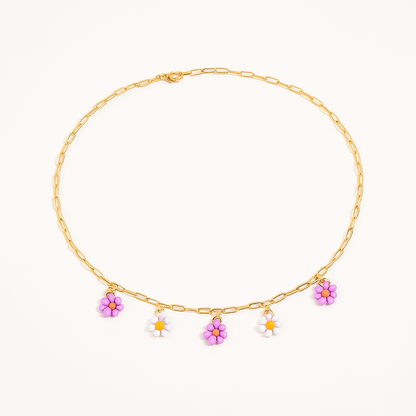 Floral Pendant Necklace – Colorful Rice Beads & Stainless Steel Chain for a Whimsical Touch