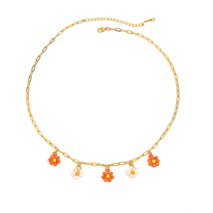 Floral Pendant Necklace – Colorful Rice Beads & Stainless Steel Chain for a Whimsical Touch