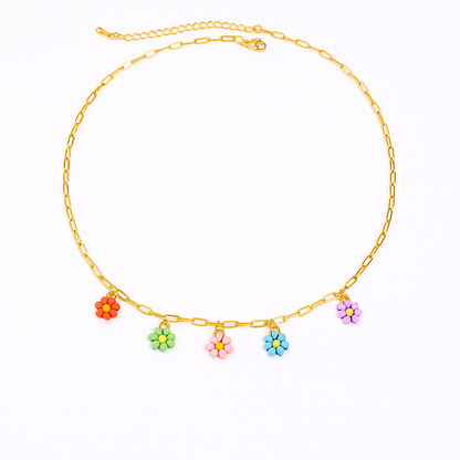 Floral Pendant Necklace – Colorful Rice Beads & Stainless Steel Chain for a Whimsical Touch