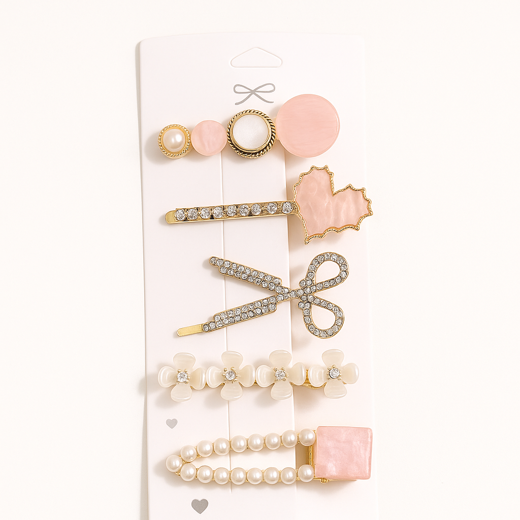 5-Piece Pearl & Crystal Acrylic Hair Clip Set – Vintage Hair Accessories for Women | Geometric, Floral, Rhinestone Barrettes