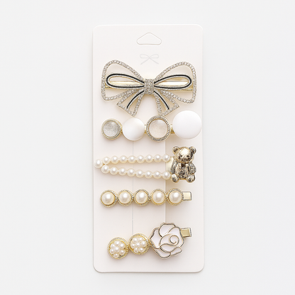 5-Piece Pearl & Crystal Acrylic Hair Clip Set – Vintage Hair Accessories for Women | Geometric, Floral, Rhinestone Barrettes