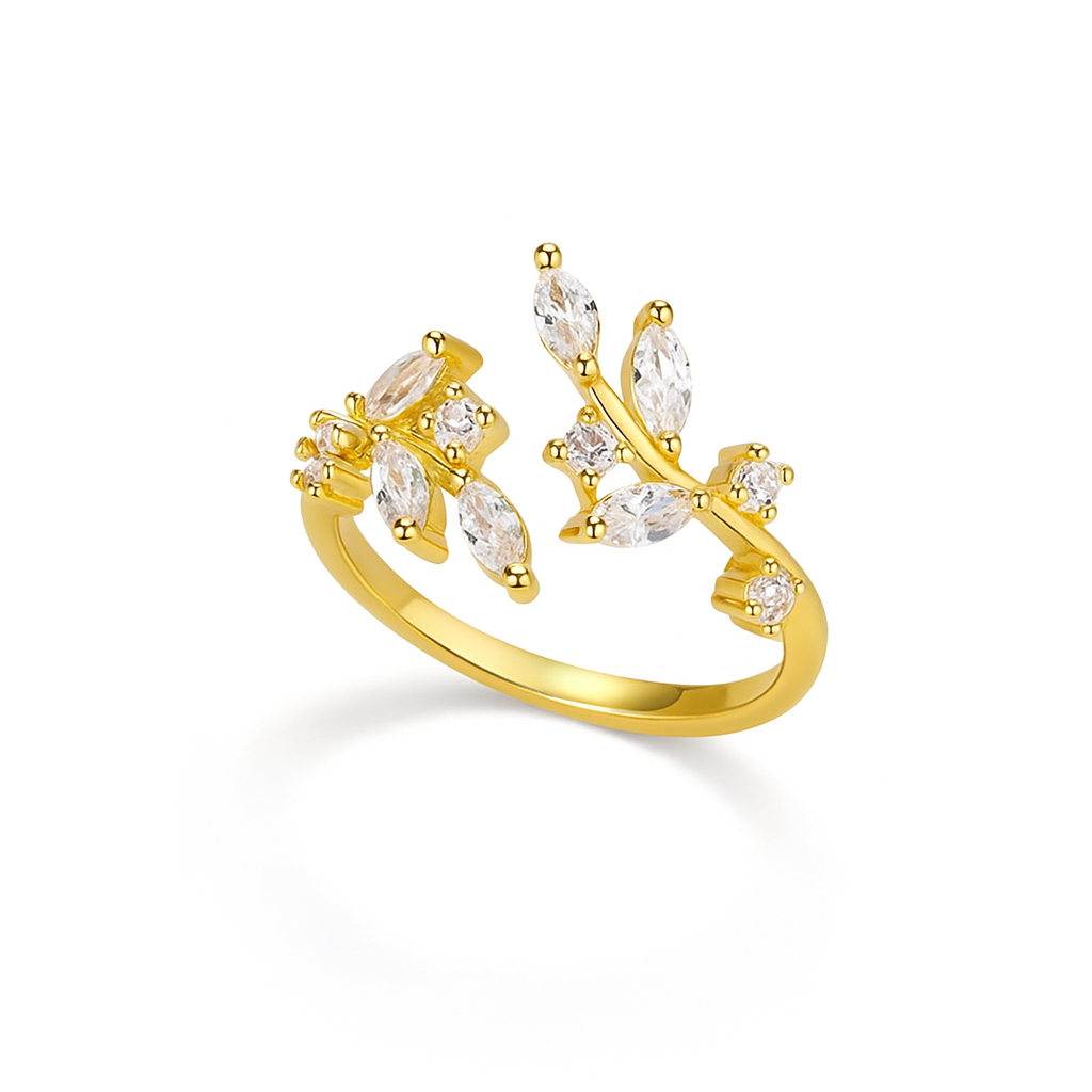 Gold Zircon Flower Ring – Elegant Stainless Steel Floral Jewelry for Women & Girls