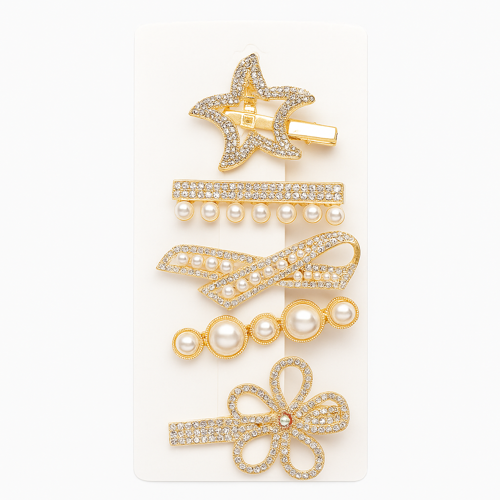5-Piece Pearl & Crystal Acrylic Hair Clip Set – Vintage Hair Accessories for Women | Geometric, Floral, Rhinestone Barrettes