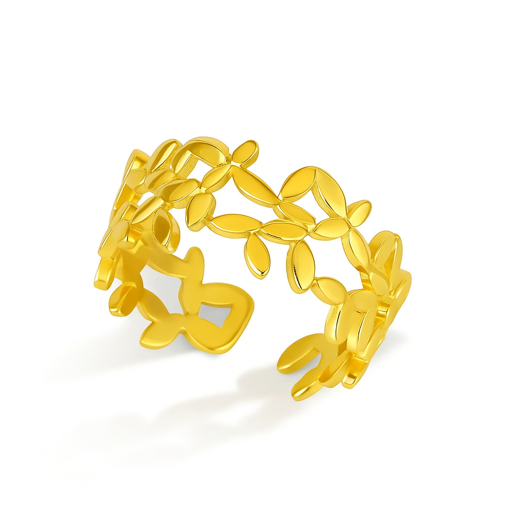 Gold Zircon Flower Ring – Elegant Stainless Steel Floral Jewelry for Women & Girls