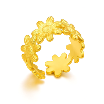 Gold Zircon Flower Ring – Elegant Stainless Steel Floral Jewelry for Women & Girls