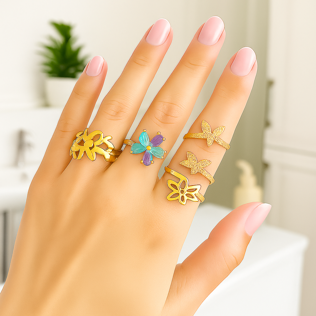 Gold Zircon Flower Ring – Elegant Stainless Steel Floral Jewelry for Women & Girls