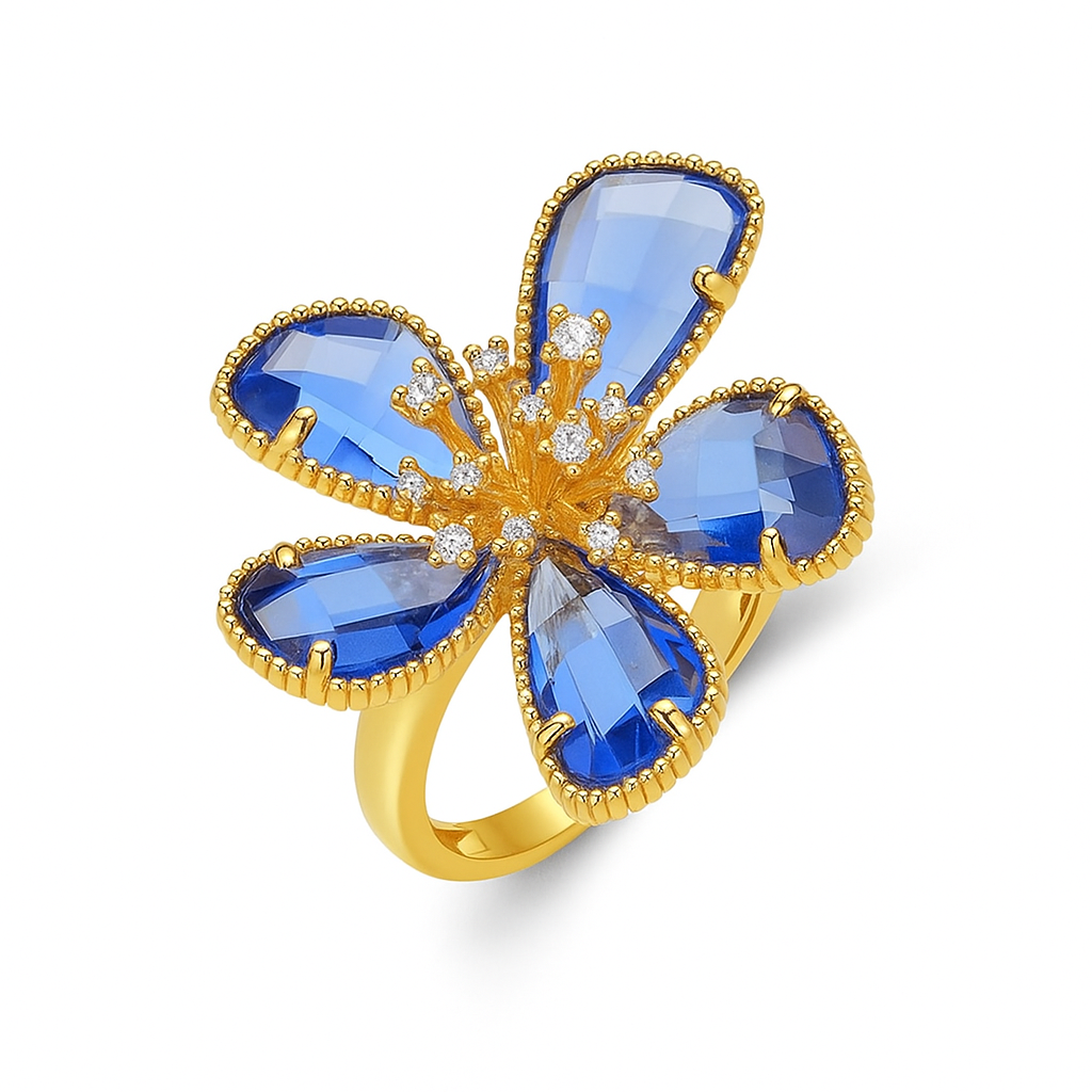 Gold Zircon Flower Ring – Elegant Stainless Steel Floral Jewelry for Women & Girls