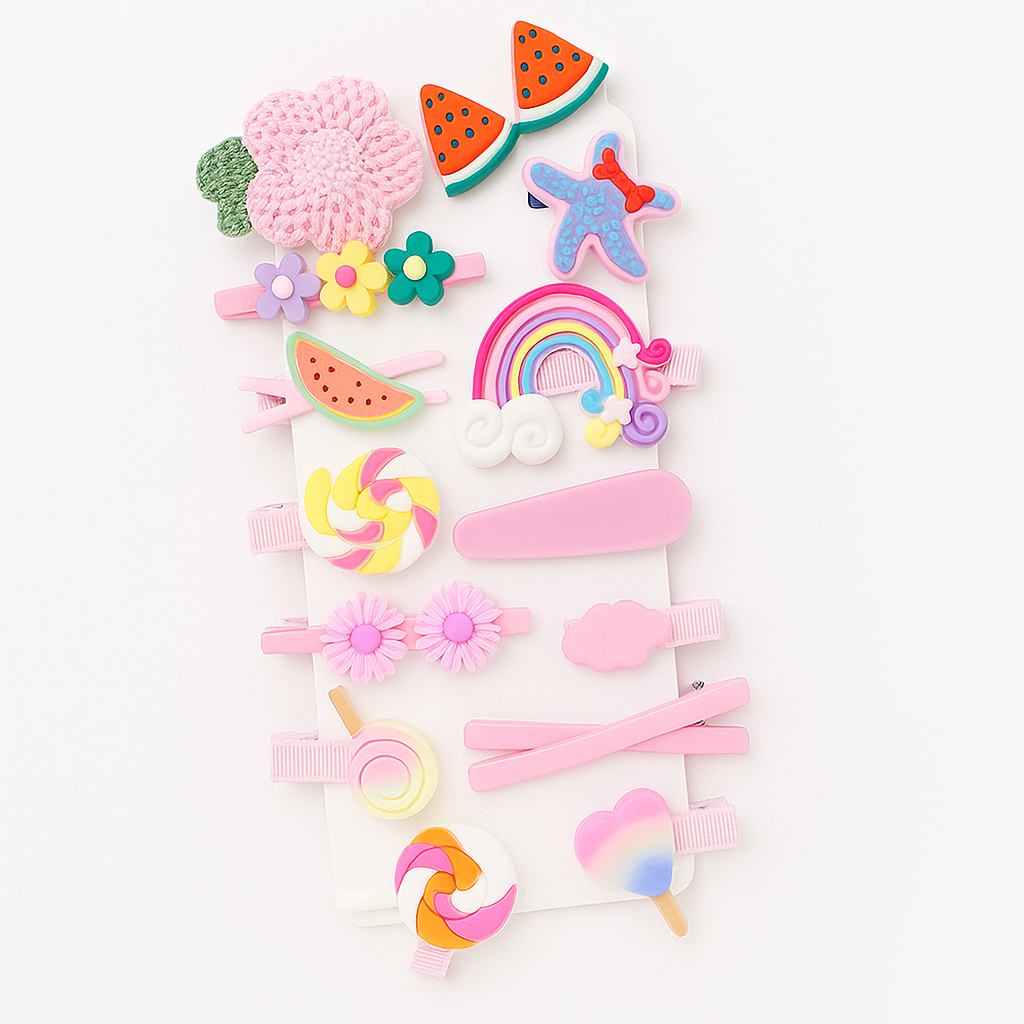 Whimsical Bloom Hair Clip & Band Set – Girls’ Floral & Fruit Accessories