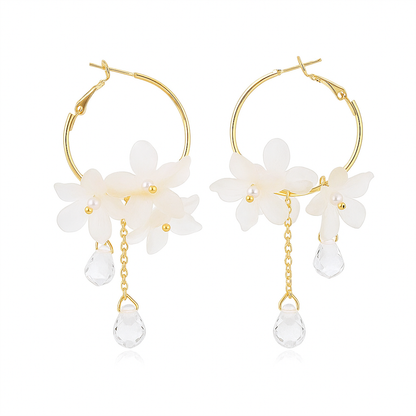 White Acrylic Flower Drop Earrings – Crystal Tassel Dangles for Women