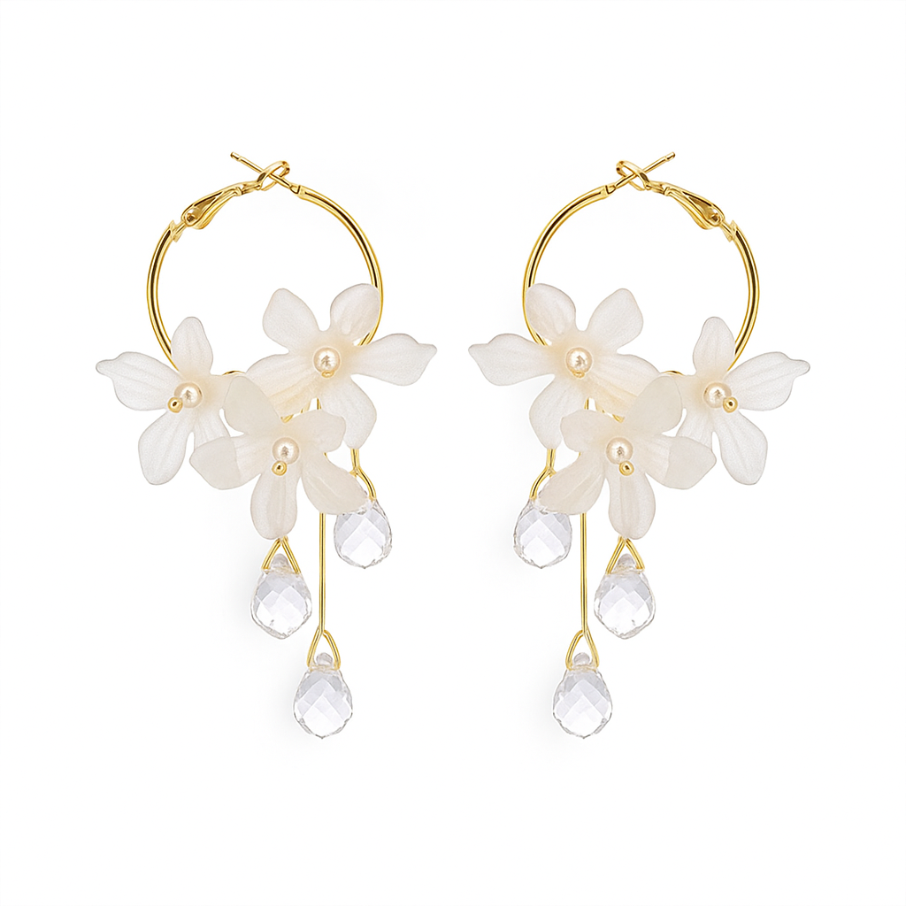 White Acrylic Flower Drop Earrings – Crystal Tassel Dangles for Women