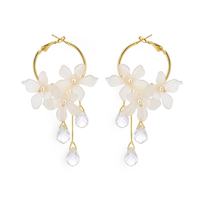 White Acrylic Flower Drop Earrings – Crystal Tassel Dangles for Women