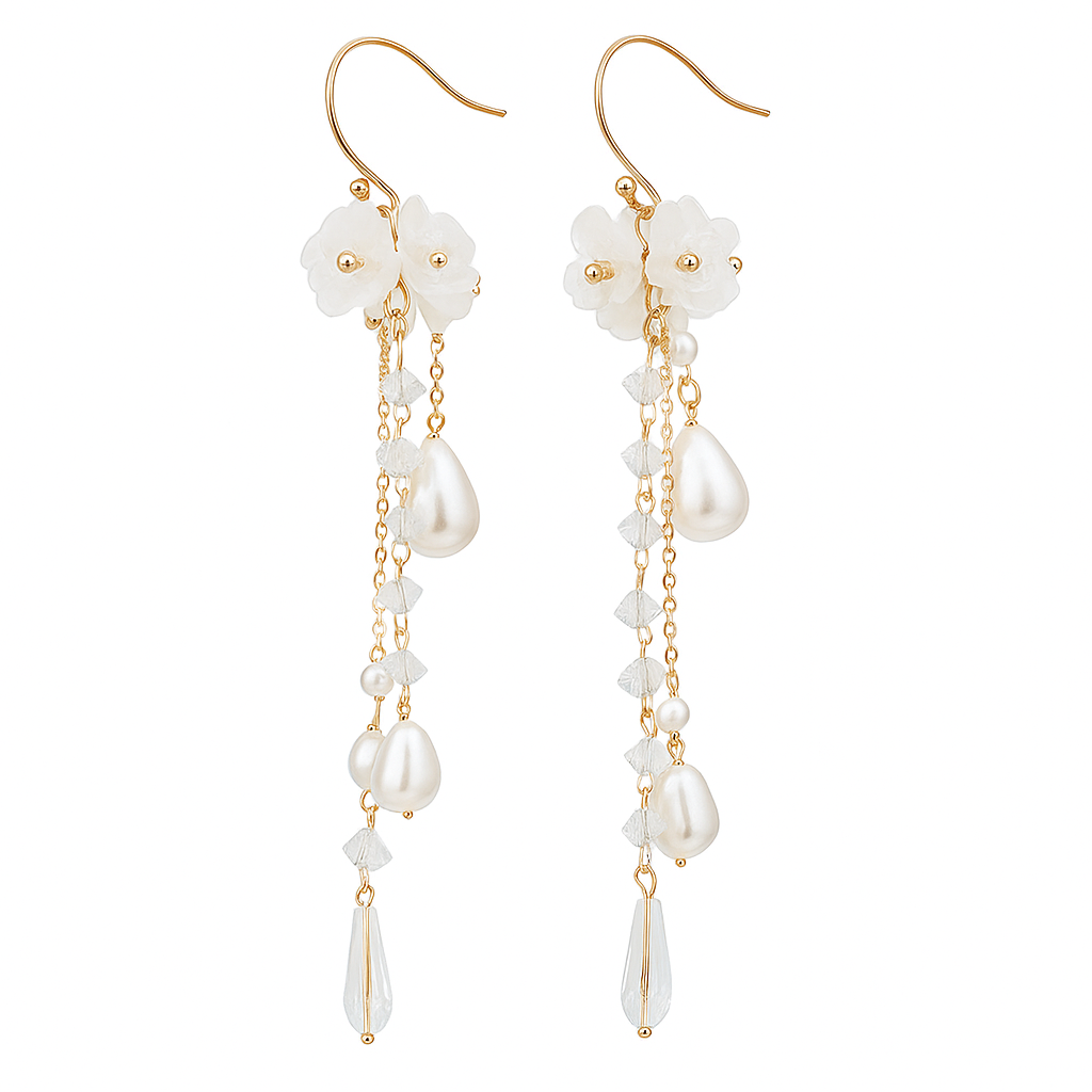 White Acrylic Flower Drop Earrings – Crystal Tassel Dangles for Women