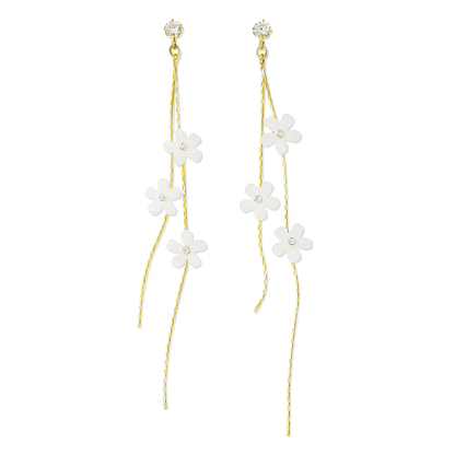 White Acrylic Flower Drop Earrings – Crystal Tassel Dangles for Women
