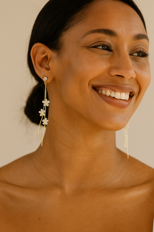 White Acrylic Flower Drop Earrings – Crystal Tassel Dangles for Women