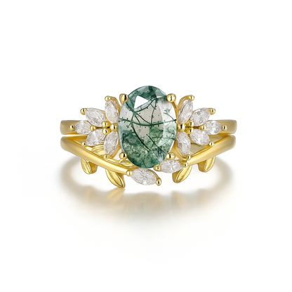 Moss Agate Oval Engagement Ring Set – 925 Sterling Silver Bridal Stack for Women