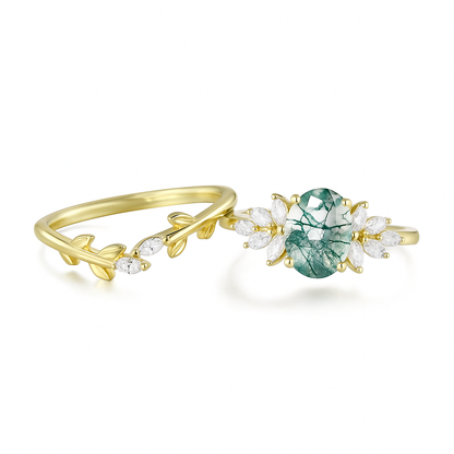 Moss Agate Oval Engagement Ring Set – 925 Sterling Silver Bridal Stack for Women