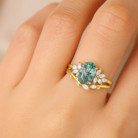 Moss Agate Oval Engagement Ring Set – 925 Sterling Silver Bridal Stack for Women