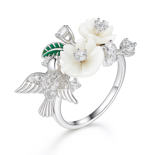Floral Bird Ring in 925 Sterling Silver – Shell Blossoms, Enamel Leaf & CZ Accents for Women