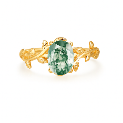 Moss Agate Leaf Ring – 925 Sterling Silver Oval Cocktail Band for Women