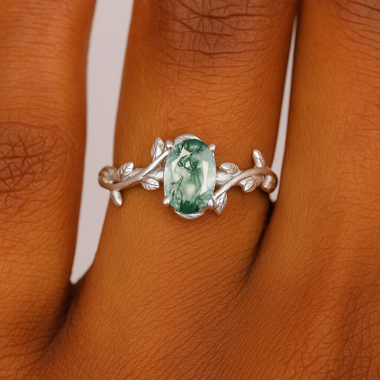 Moss Agate Leaf Ring – 925 Sterling Silver Oval Cocktail Band for Women