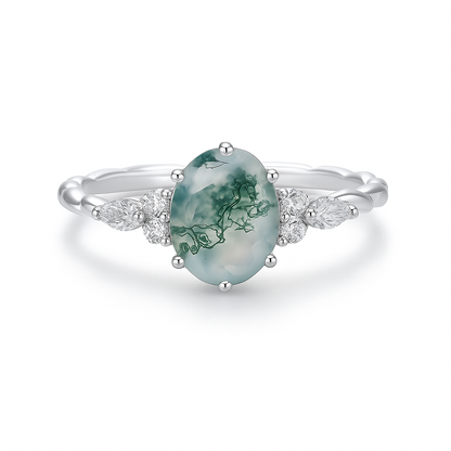 Oval Moss Agate Ring – 6x8mm Natural Stone in 925 Sterling Silver