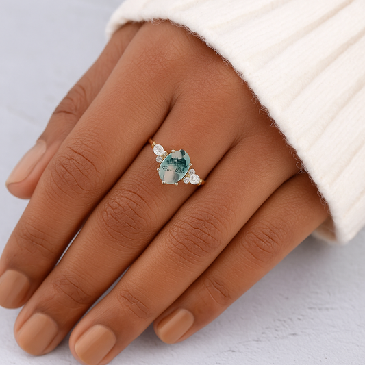 Oval Moss Agate Ring – 6x8mm Natural Stone in 925 Sterling Silver