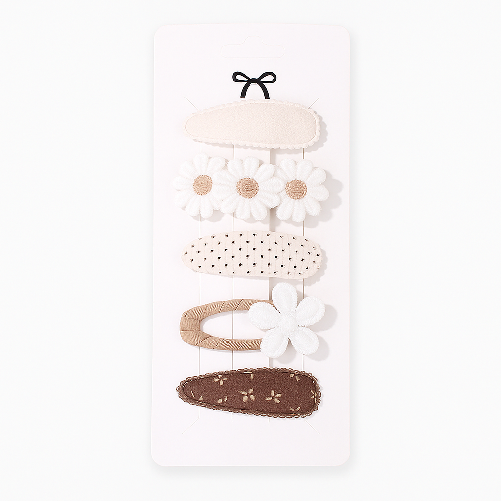 5-Piece Baby Girl Hair Clip Set – Embroidered Daisy & Bow Barrettes
