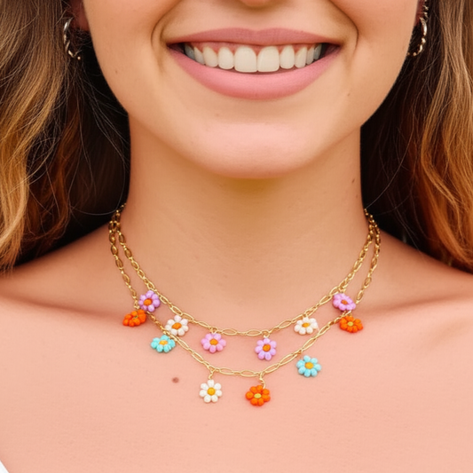 Floral Pendant Necklace – Colorful Rice Beads & Stainless Steel Chain for a Whimsical Touch